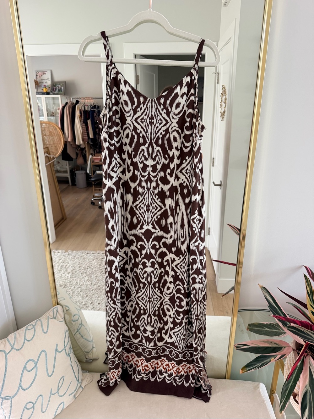 MSK Brown and White Patterned Spaghetti-Strap Maxi Dress